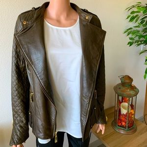 🍁 Vince Camuto Genuine Leather Green/Brown Bomber Jacket (M) 🍁